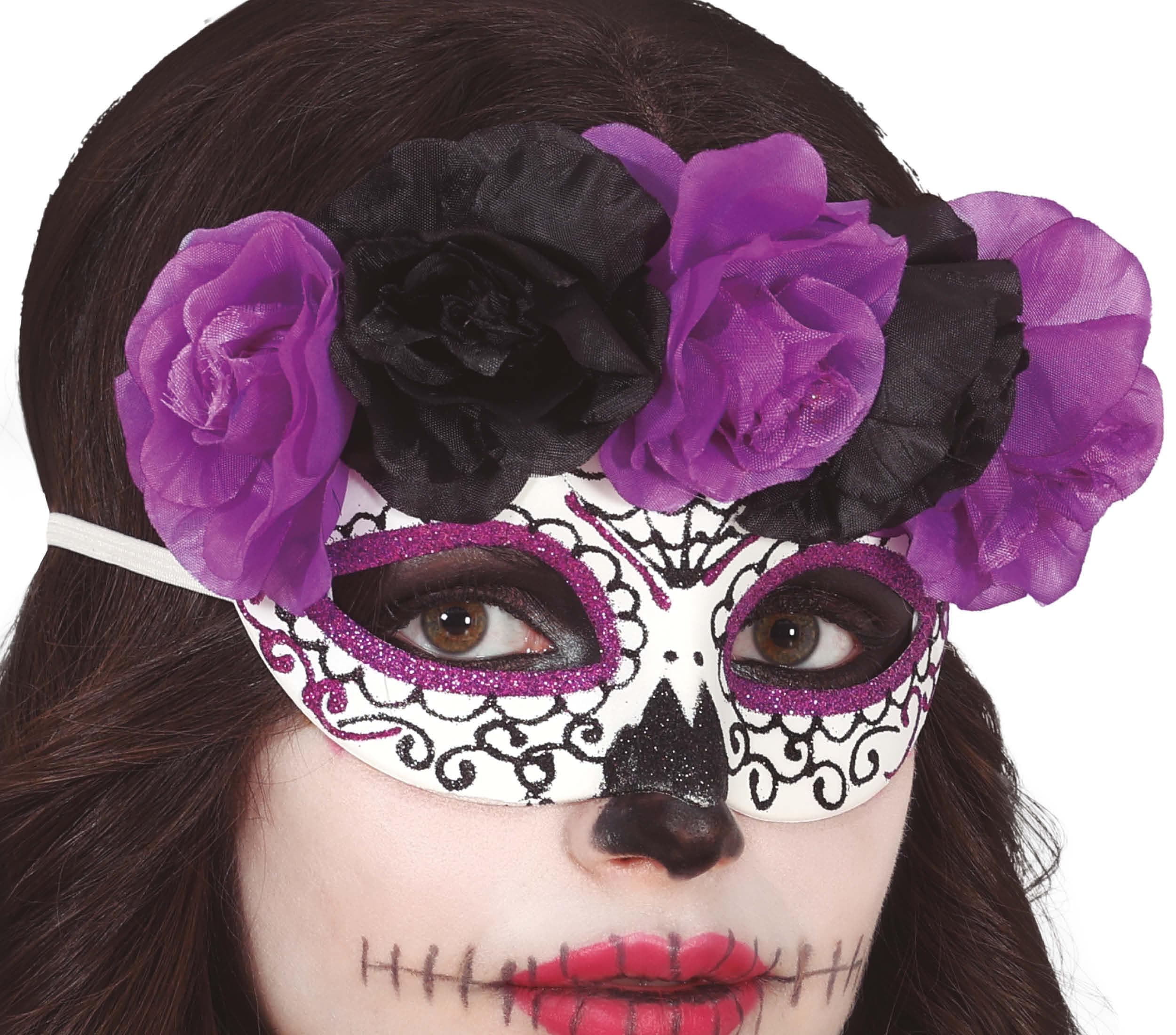 Catrina-maske med lilla og sorte blomster