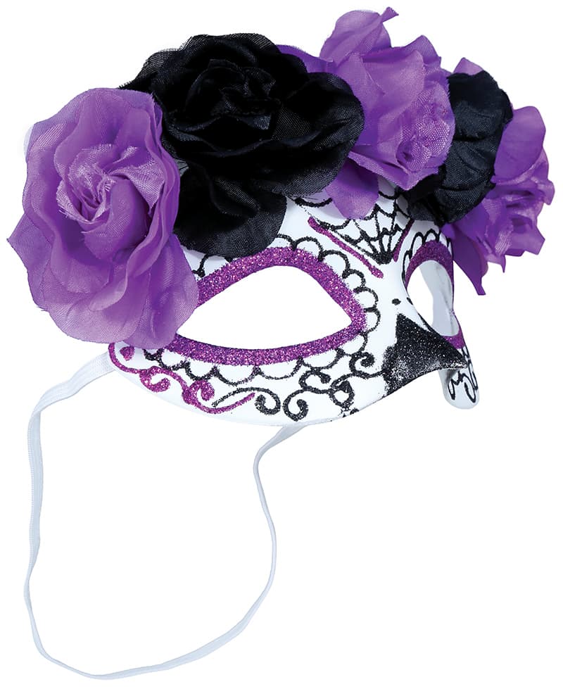 Catrina-maske med lilla og sorte blomster