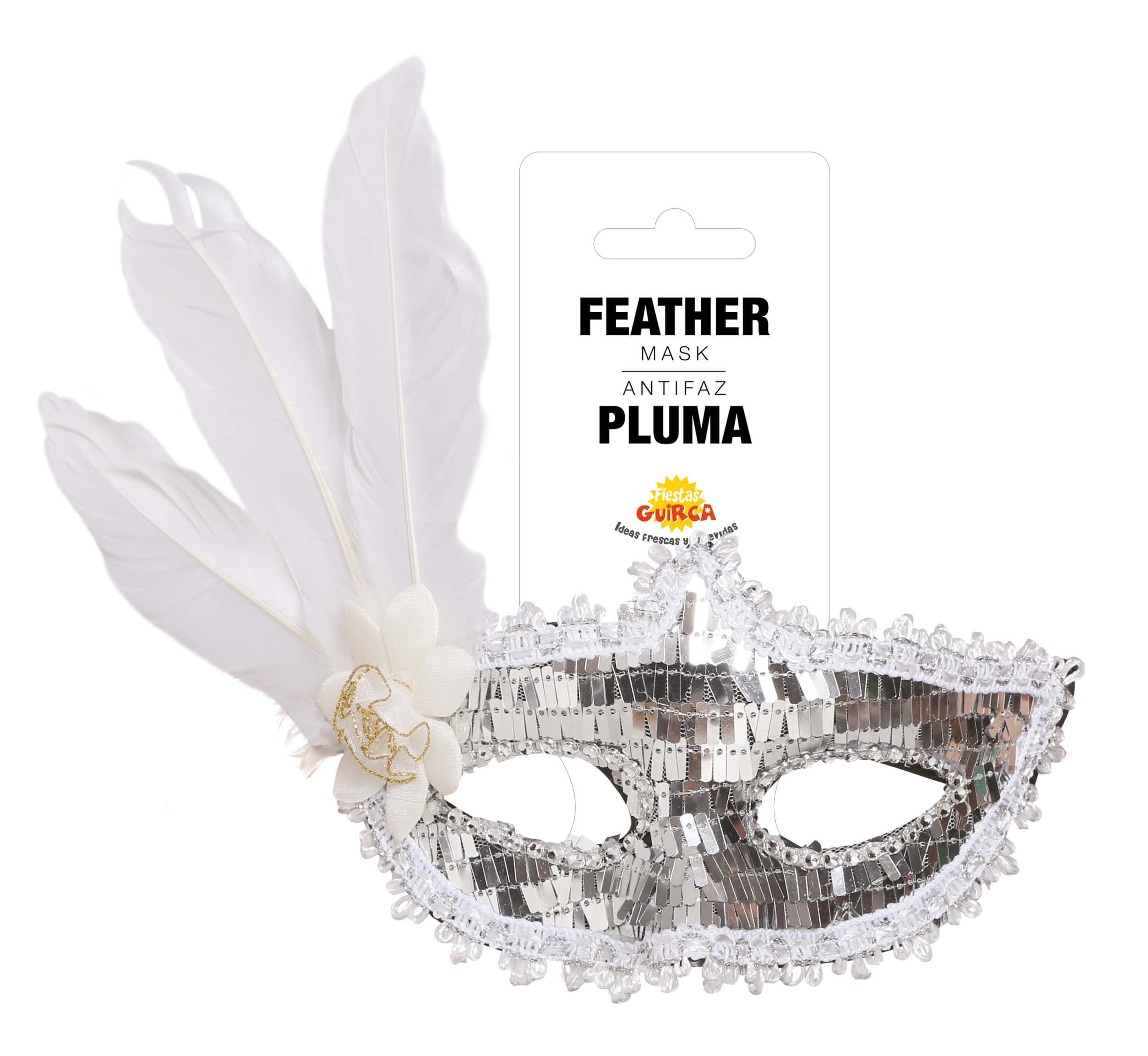 Sølvfarvet maske med fjer
