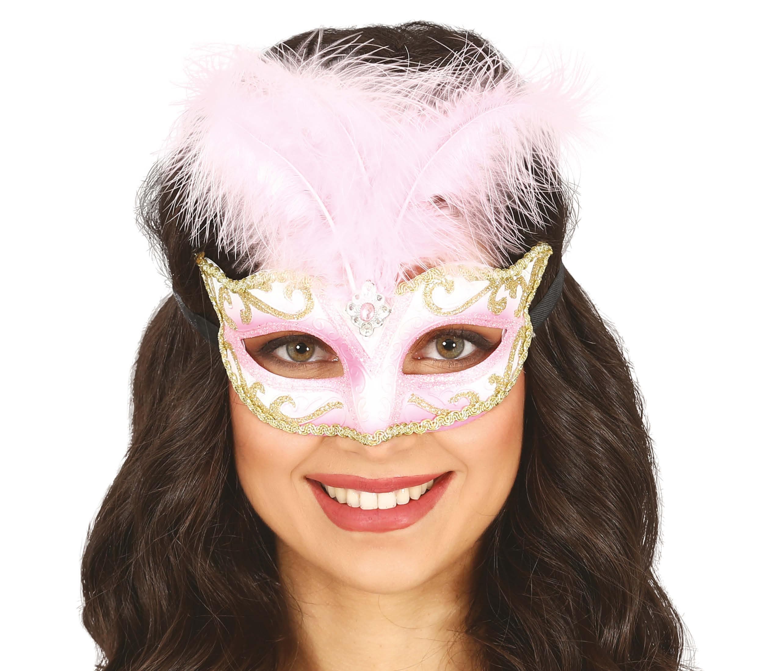 Lyserød maske med fjer