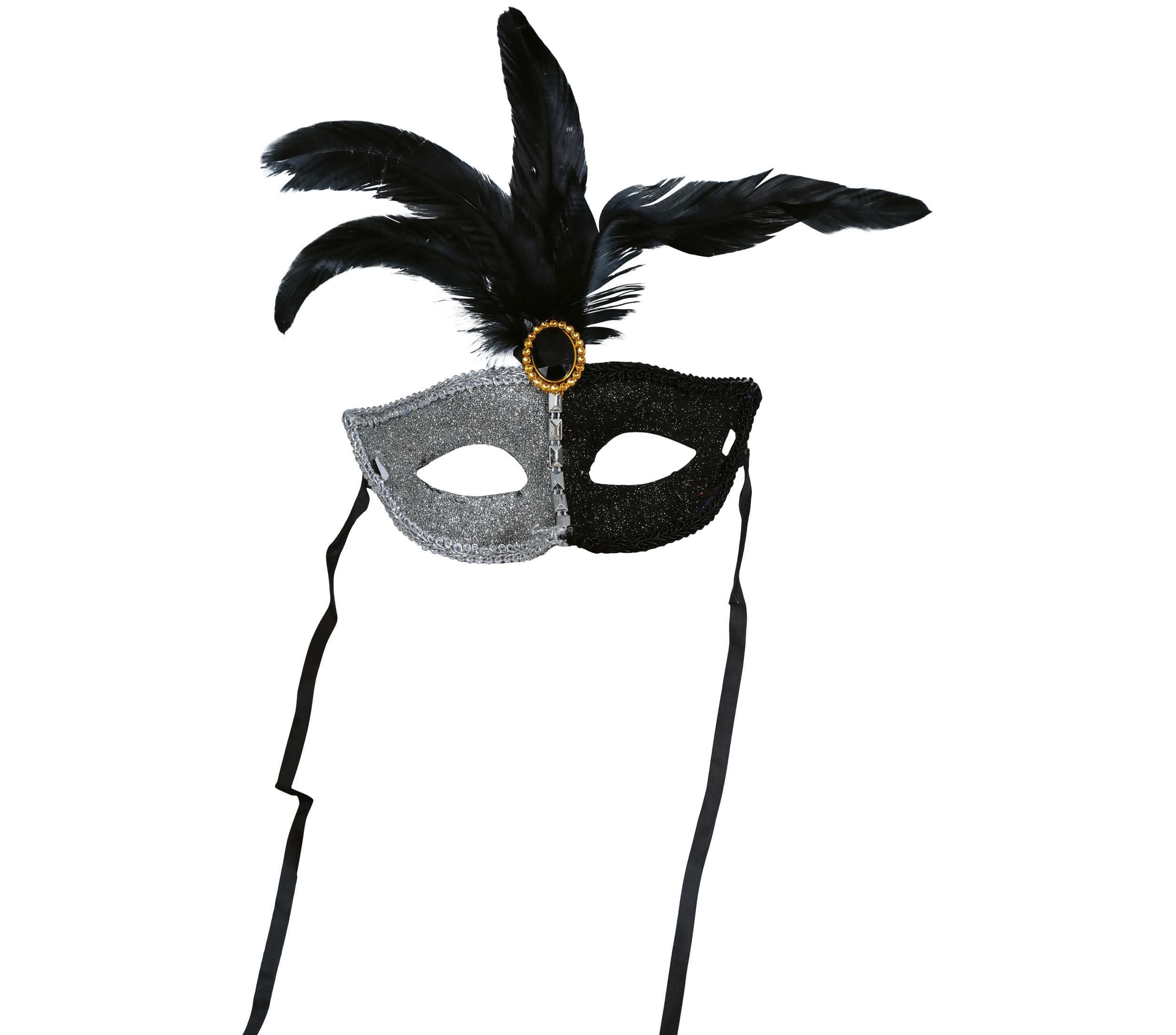 Sort og hvid maske med sort fjer