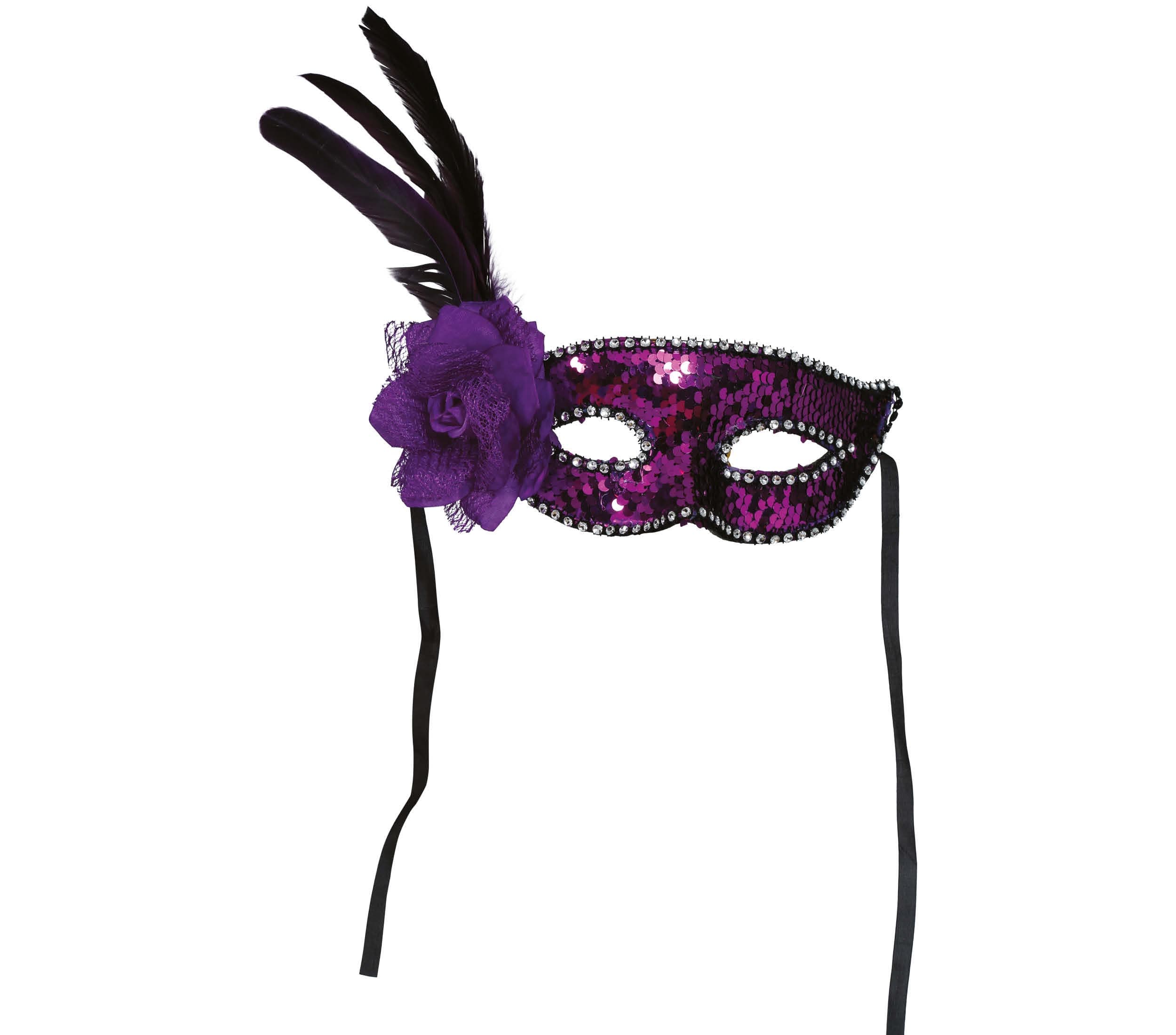 Lilla pailletbesat maske med fjer