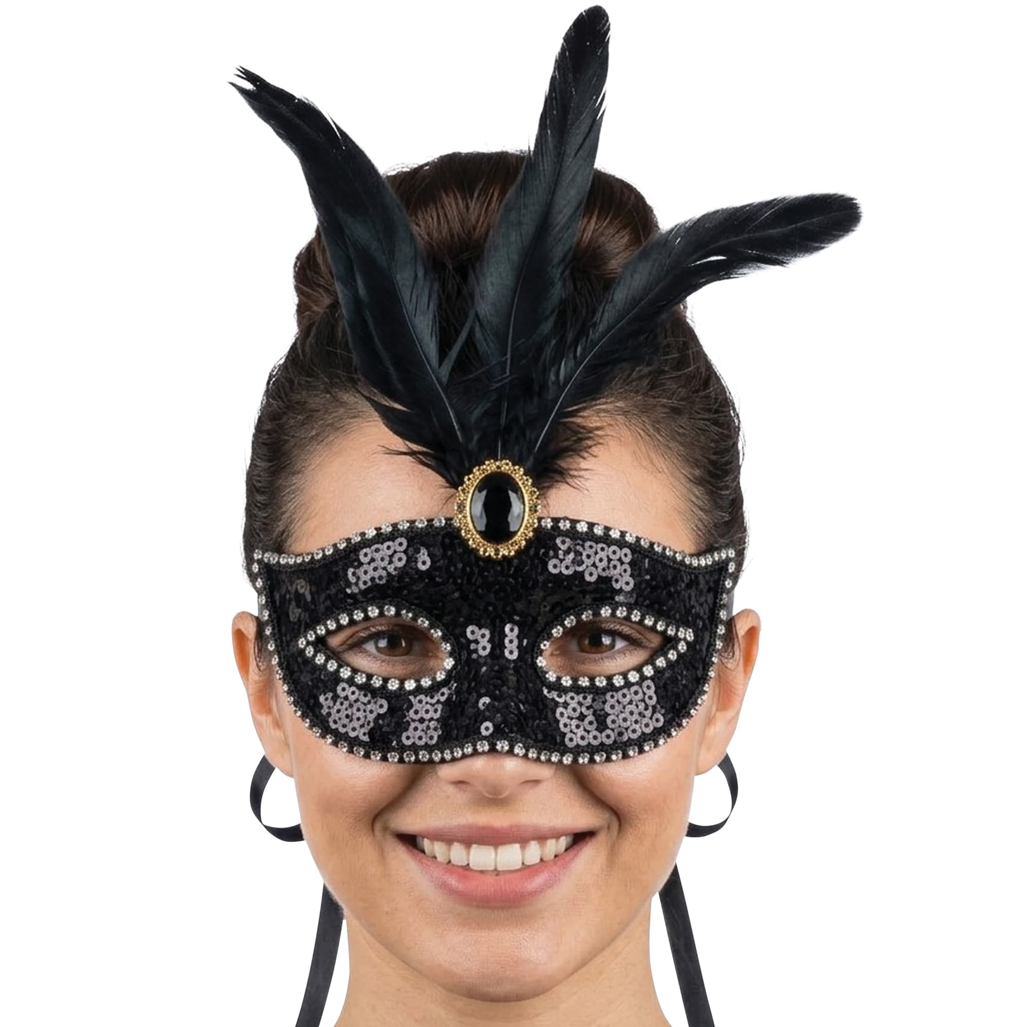 Maske med fjer og pailletter, sort