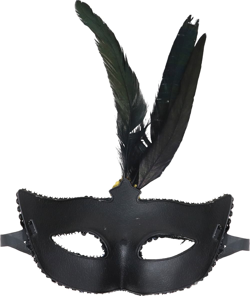 Maske med fjer og pailletter, sort
