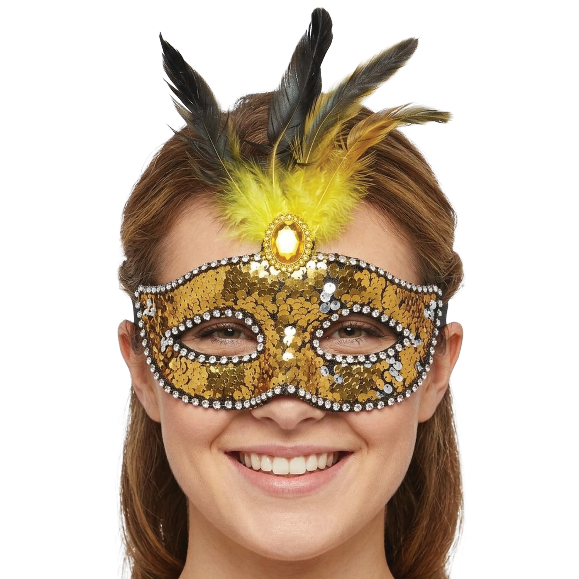 Maske med fjer og pailletter, guld