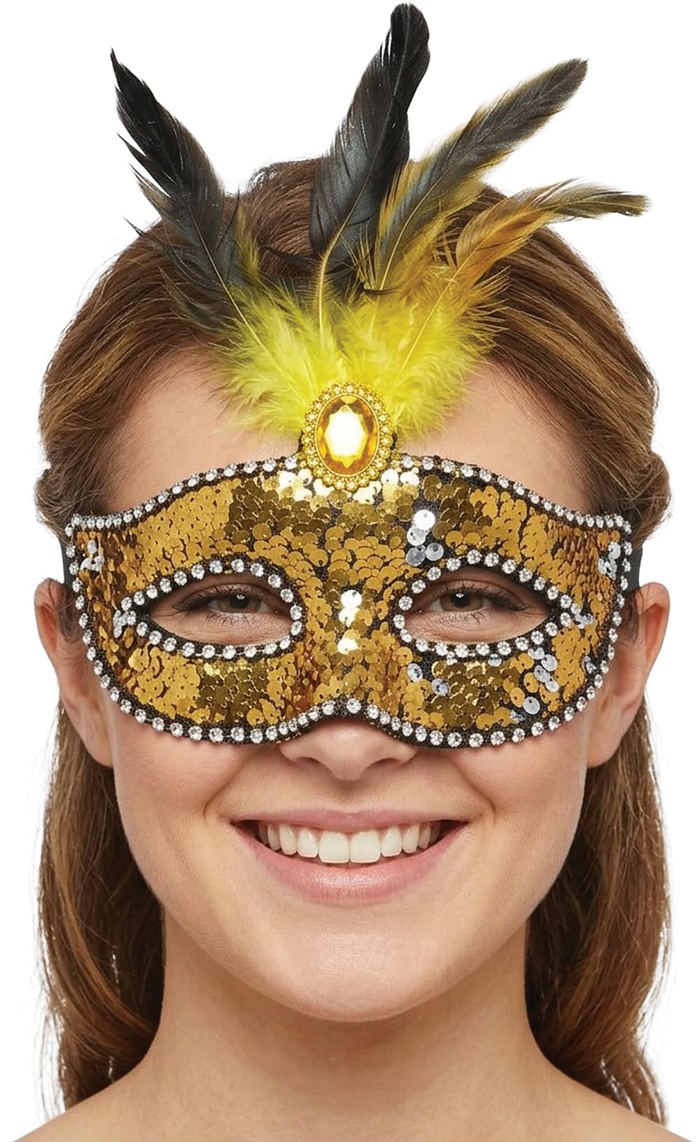 Maske med fjer og pailletter, guld