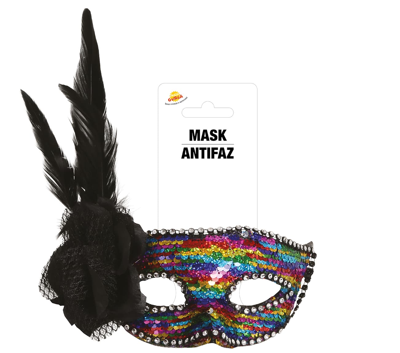 Flerfarvet maske med fjer