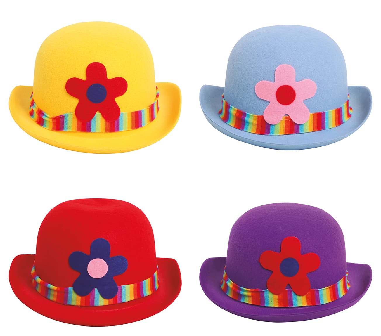 Assorterede klovne-bowlerhatte i filt