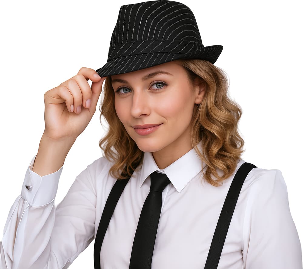 Sort stribet gangsterhat, ca. 27,8 cm