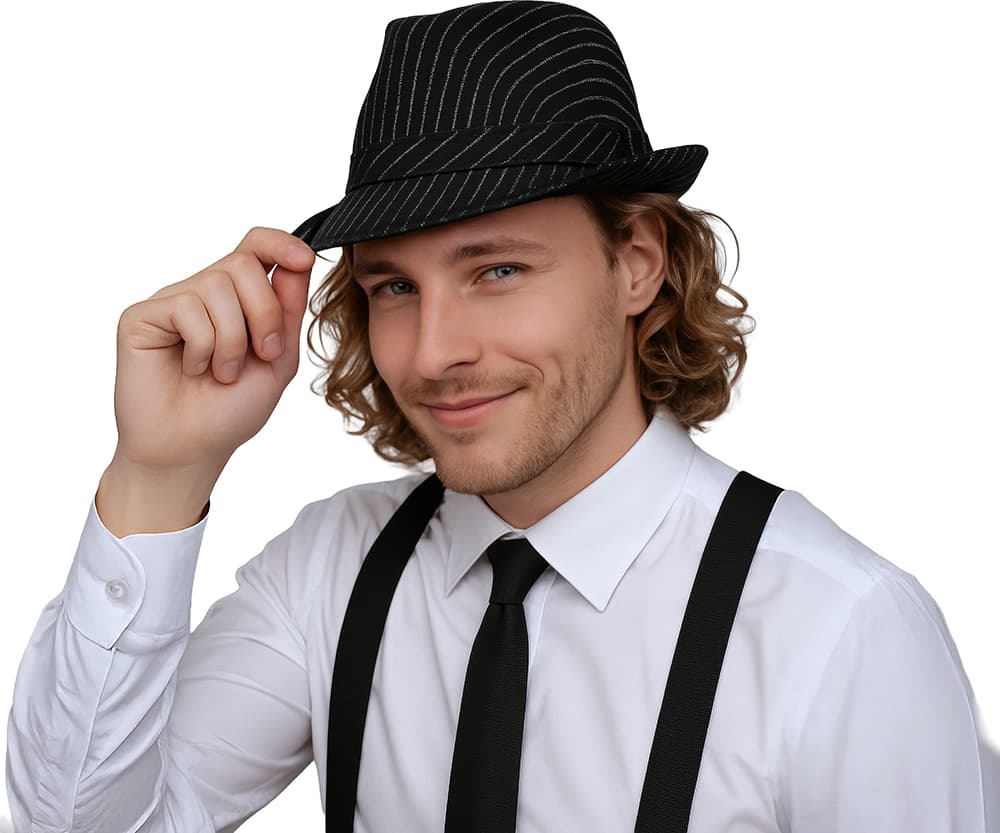 Sort stribet gangsterhat, ca. 27,8 cm