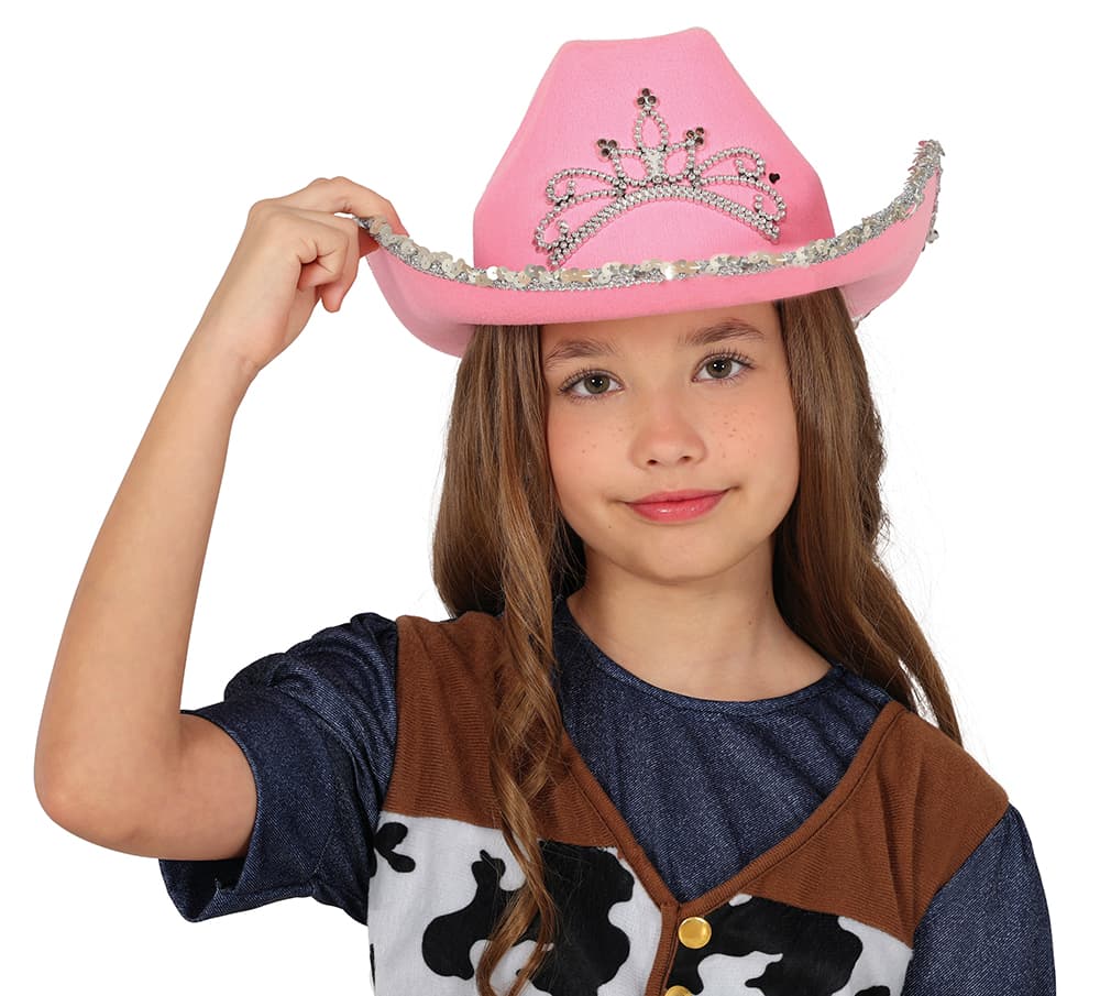 Lyserød cowboyhat i filt, til børn