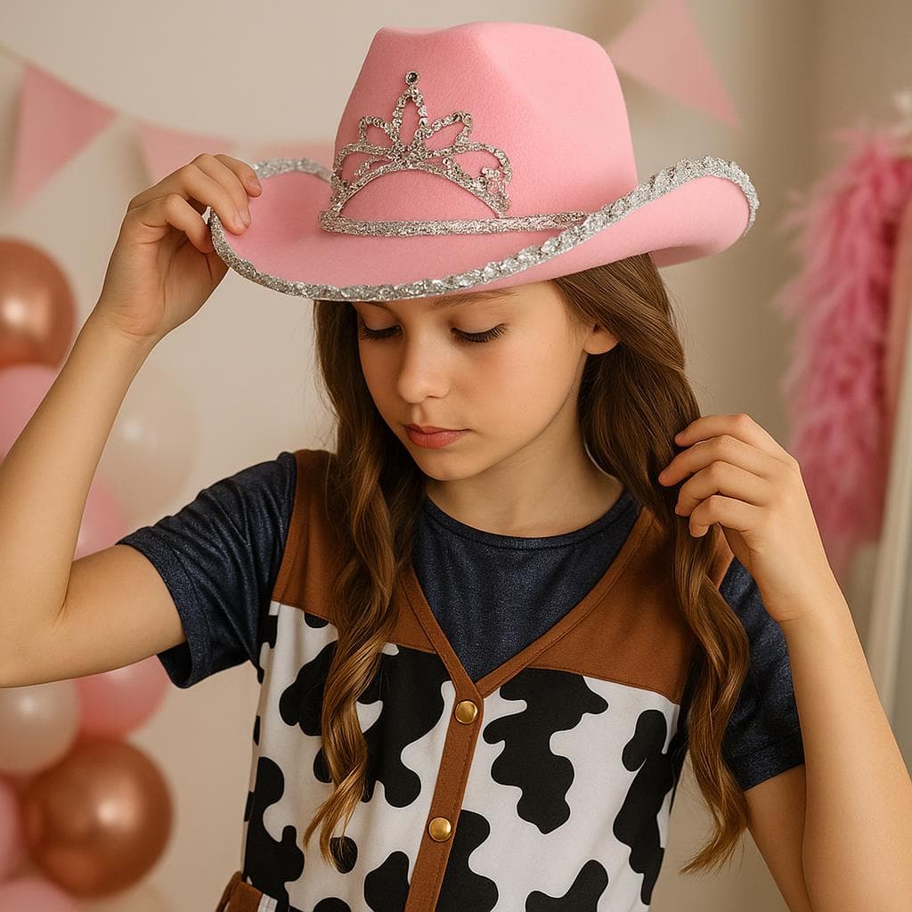 Lyserød cowboyhat i filt, til børn
