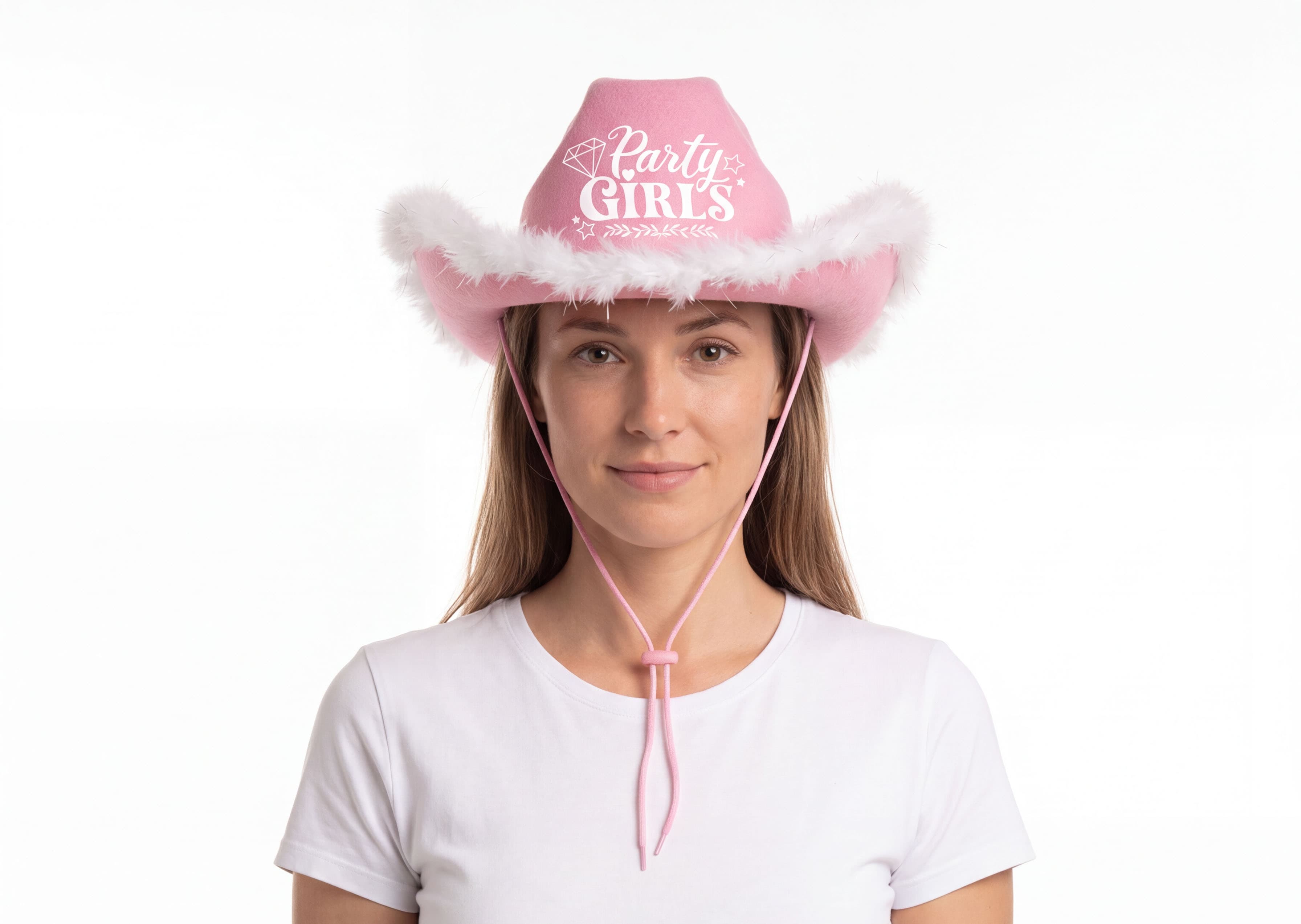 Lyserød Party Girls-cowboyhat med marabou, til voksne