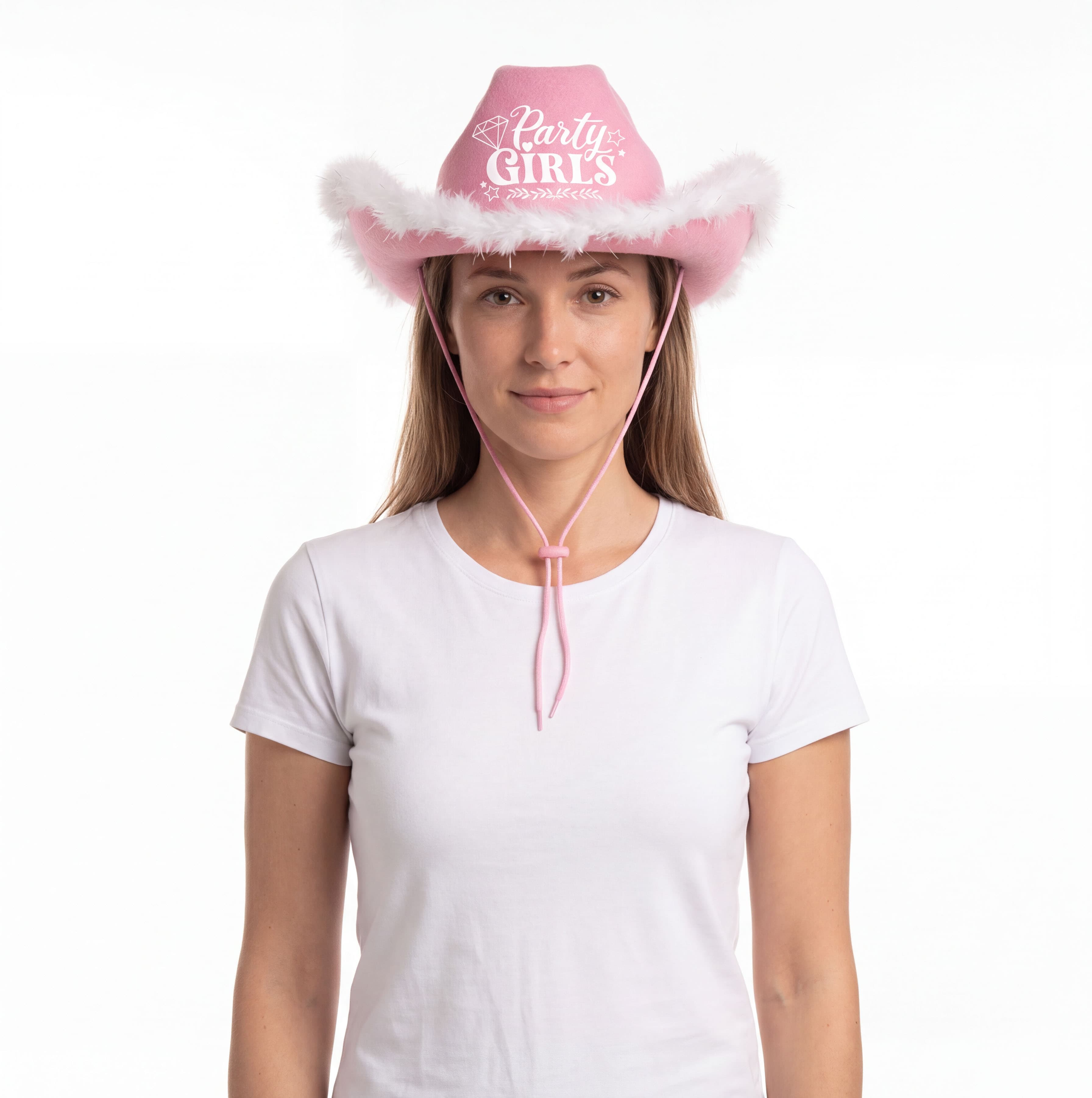 Lyserød Party Girls-cowboyhat med marabou, til voksne