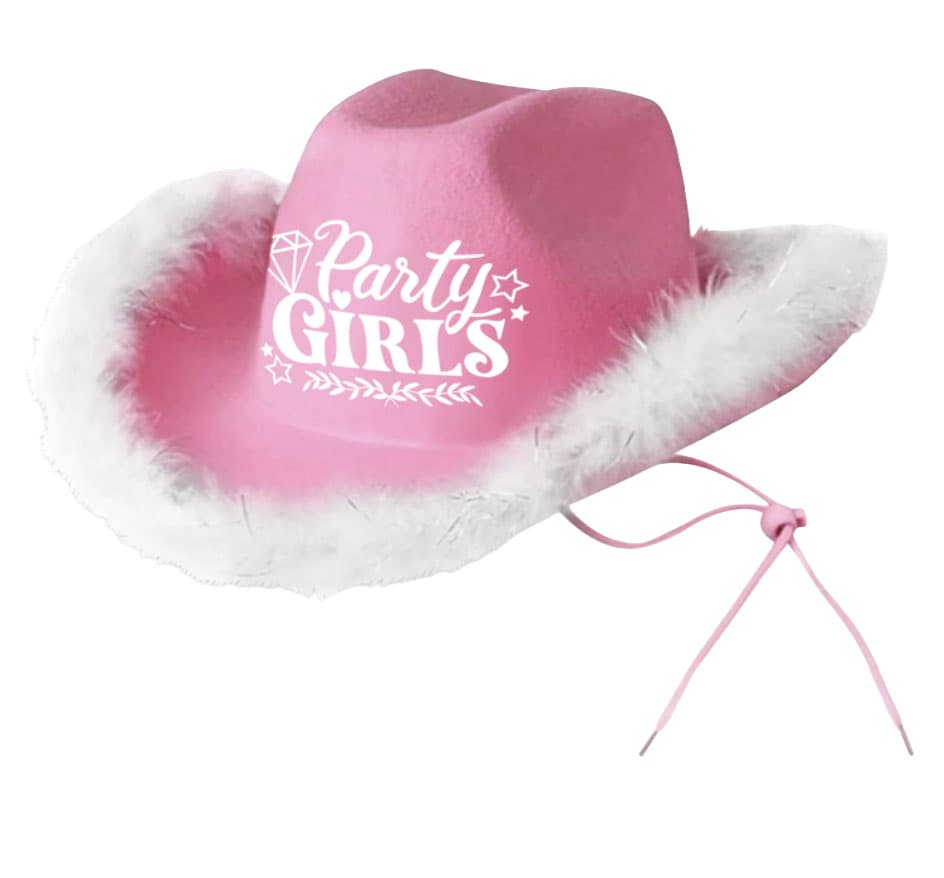 Lyserød Party Girls-cowboyhat med marabou, til voksne