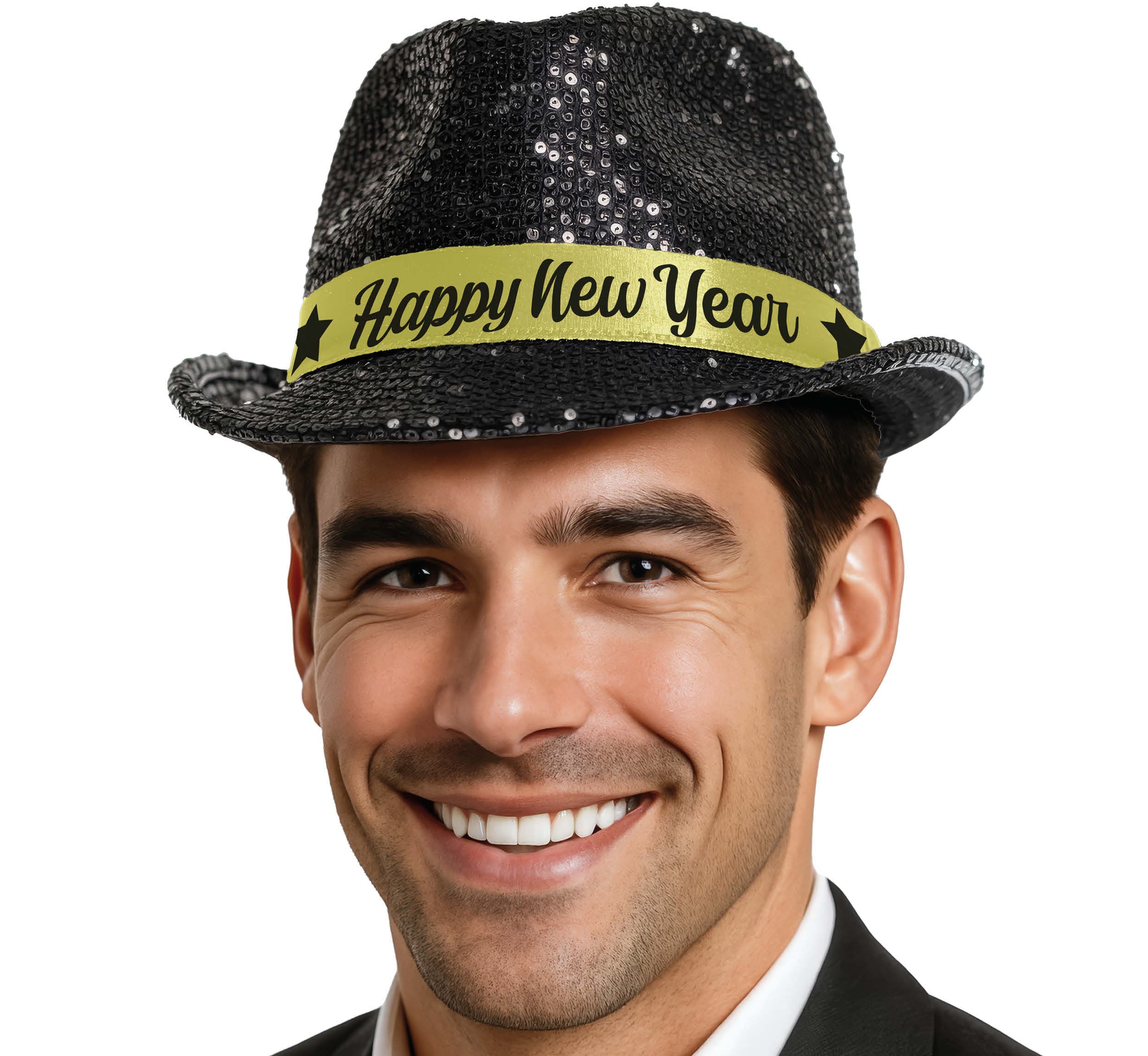 Gangsterhat "Happy New Year" med sorte pailletter