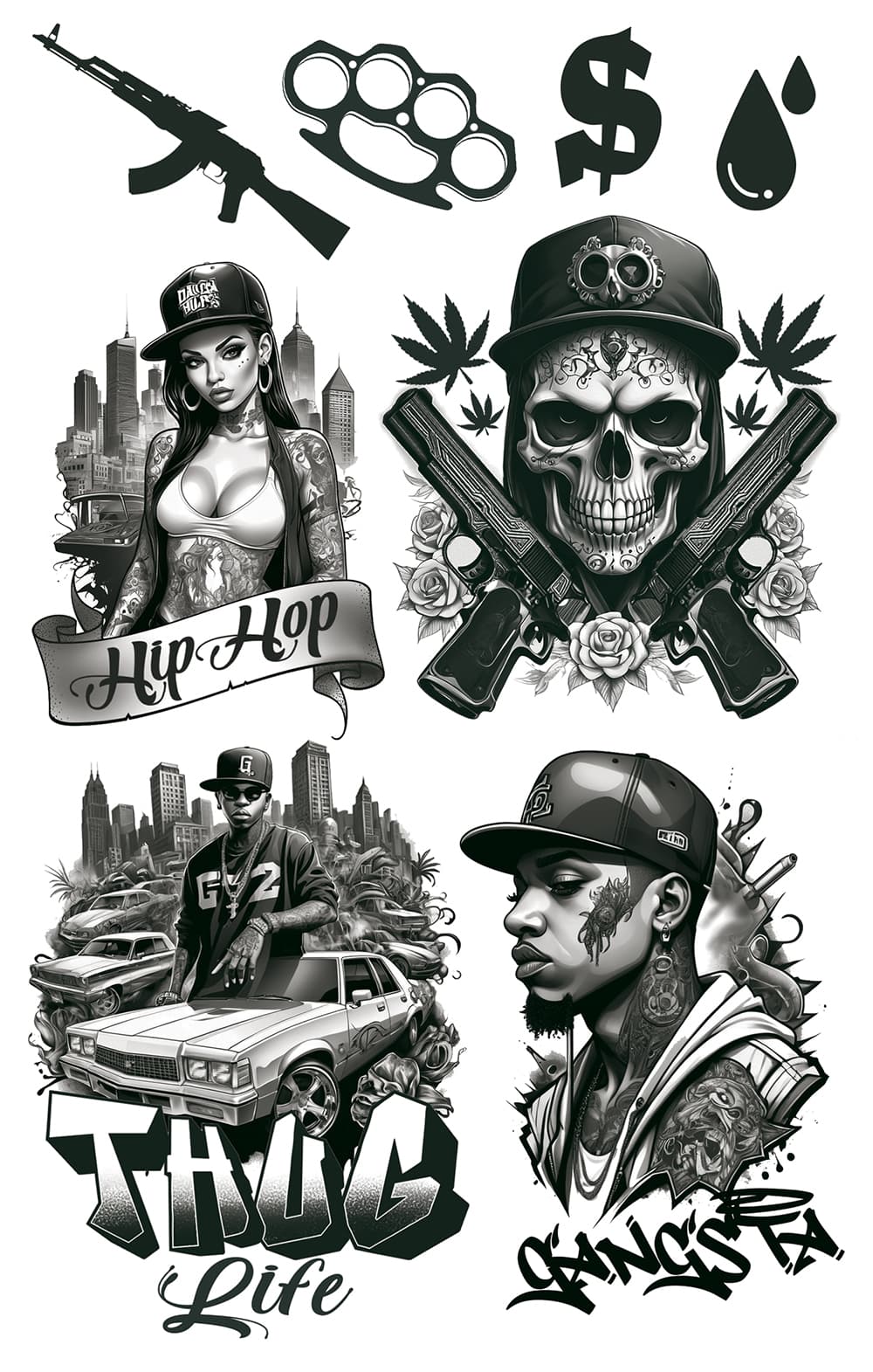 Tatoveringsark "Thug Life" 14 × 30 cm