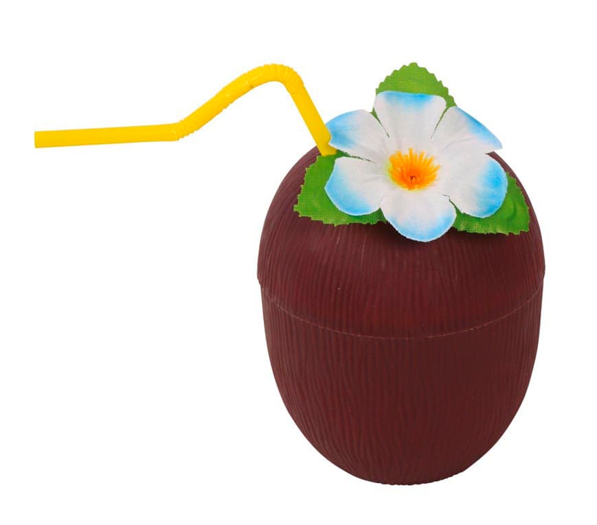 Kokosglas med sugerør og blomst, 16 cm
