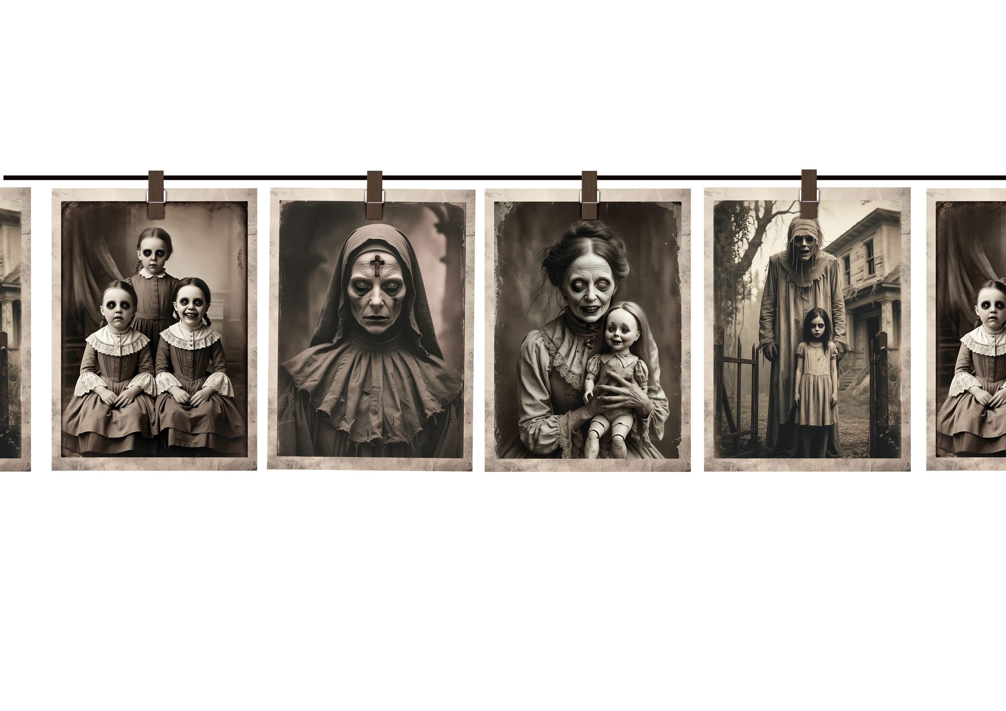 Guirlande med uhyggelige fotos, papir, 300 × 23 × 16 cm