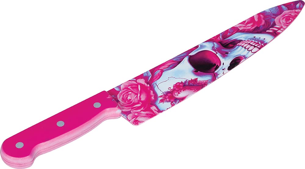 Kniv med kranie, lyserød, 37 cm