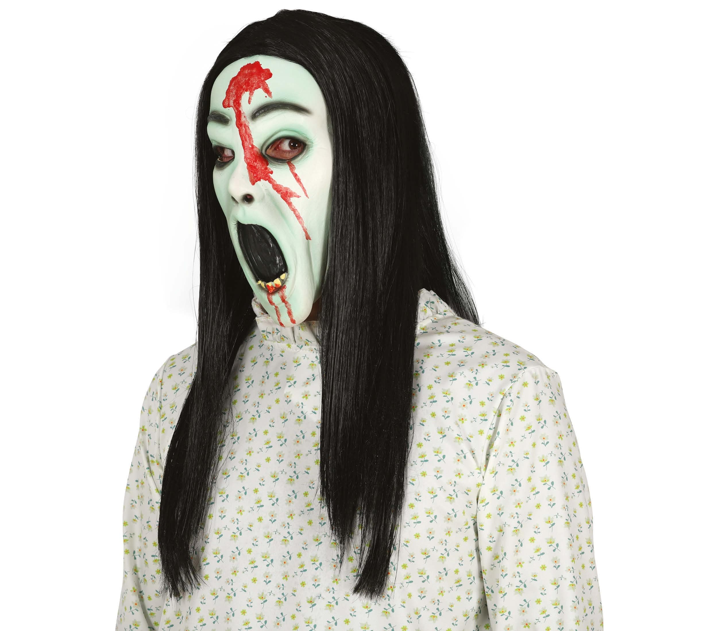 Latexmaske af spøgelsespige med hår