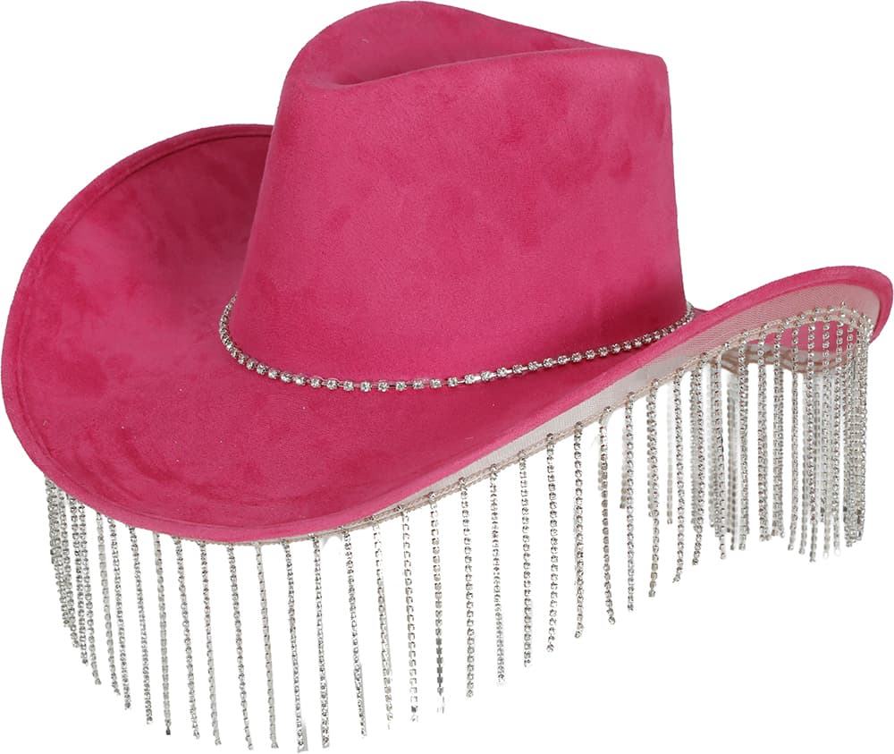 Lyserød cowboyhat med perlefrynser i høj kvalitet, til voksne