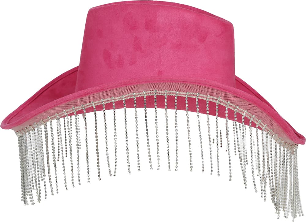 Lyserød cowboyhat med perlefrynser i høj kvalitet, til voksne