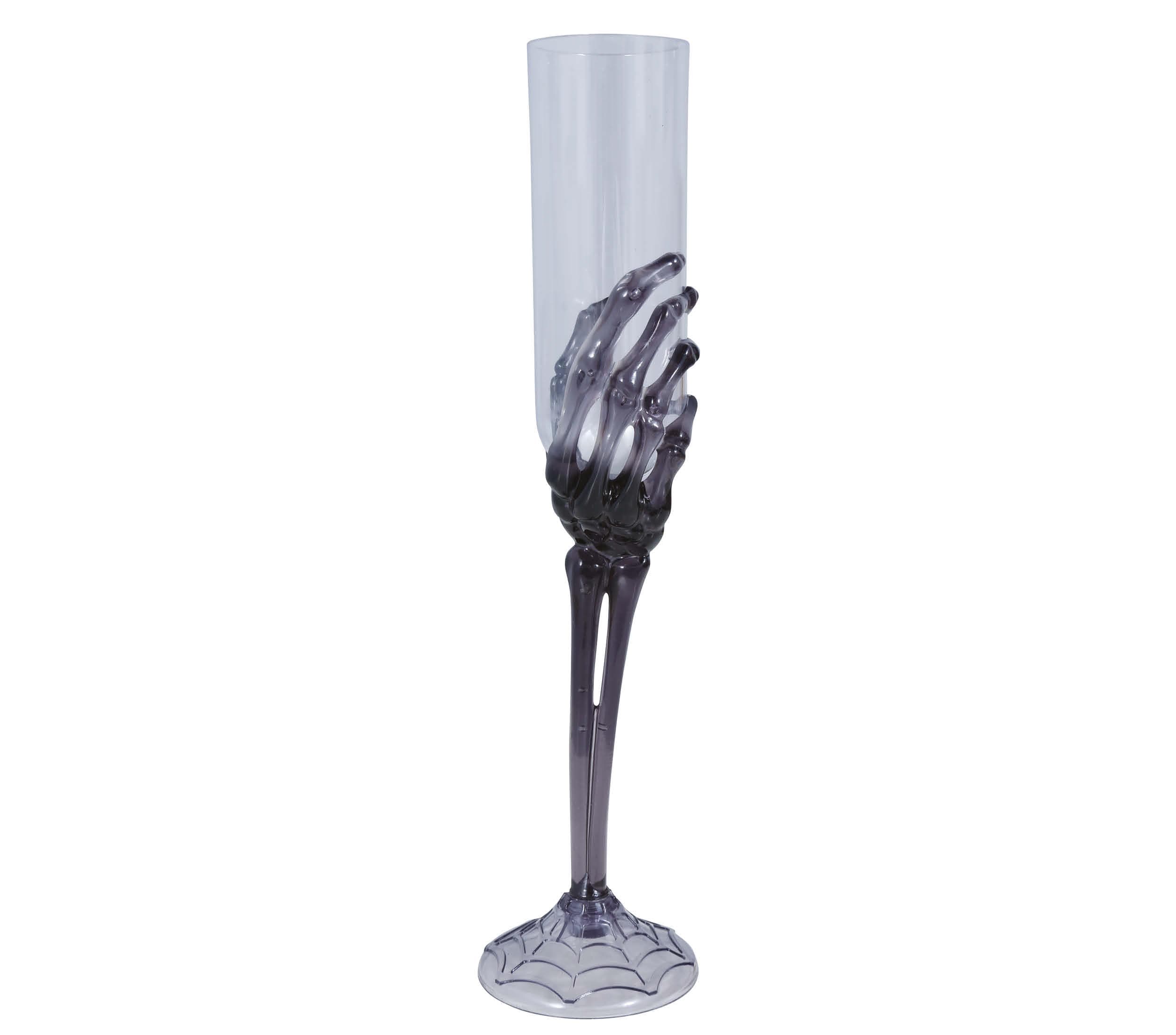 Gennemsigtigt champagneglas med sort skelethånd, 25 cm