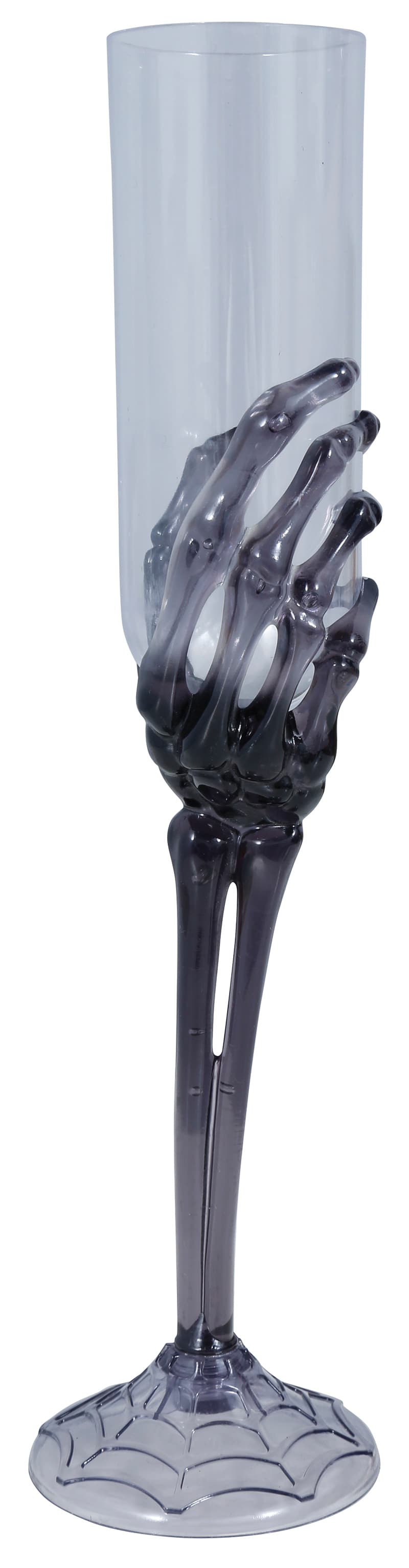 Gennemsigtigt champagneglas med sort skelethånd, 25 cm