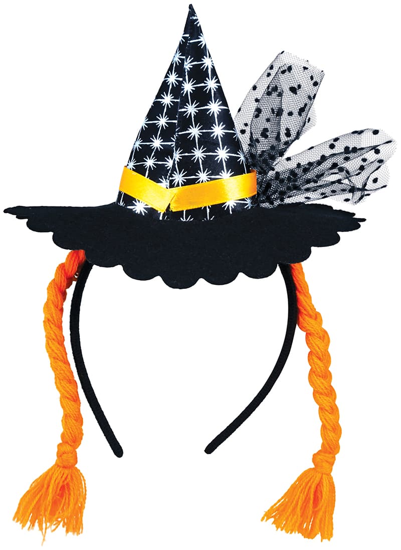 Hårbøjle med mini-heksehat og orange fletninger