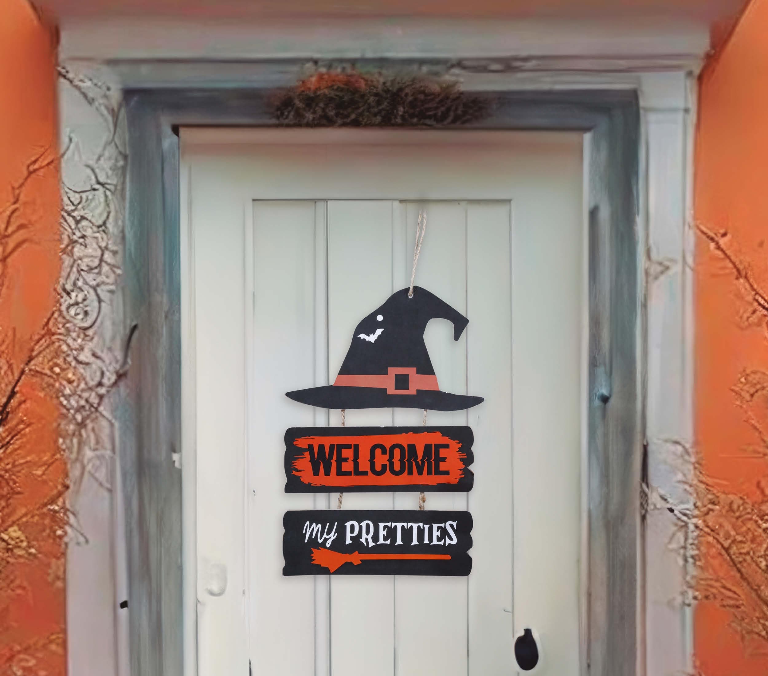 Hekseskilt "Welcome", træ, 32 × 21 cm