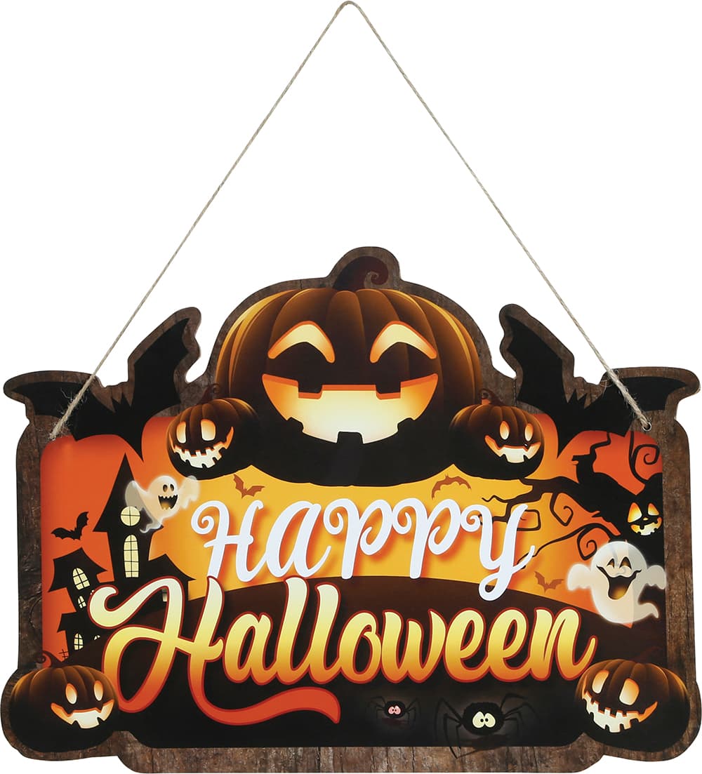 Skilt "Happy Halloween" med græskar, 32 × 24 cm, træ
