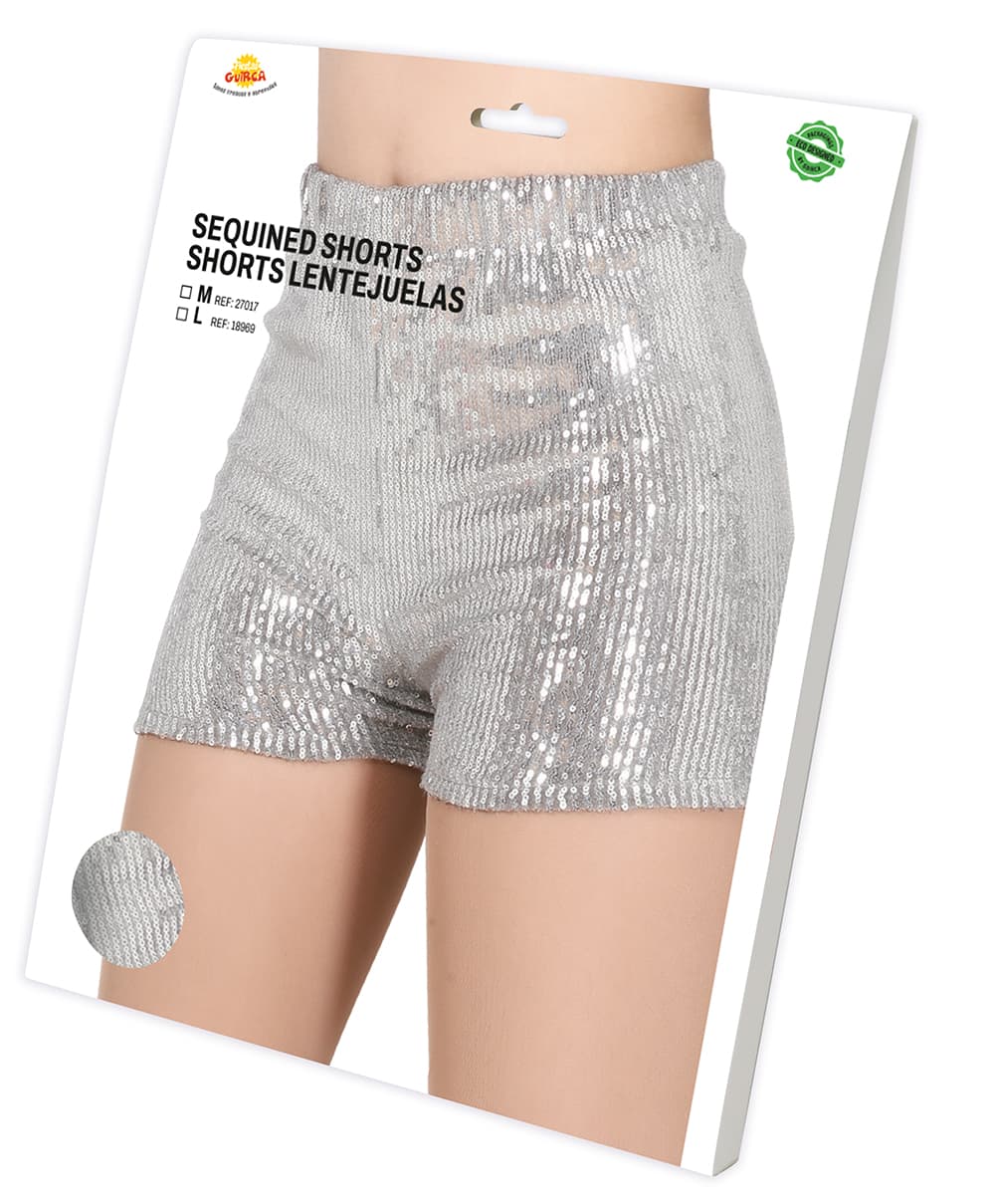 Shorts med sølvpailletter til voksne, str. 42-44 (L)