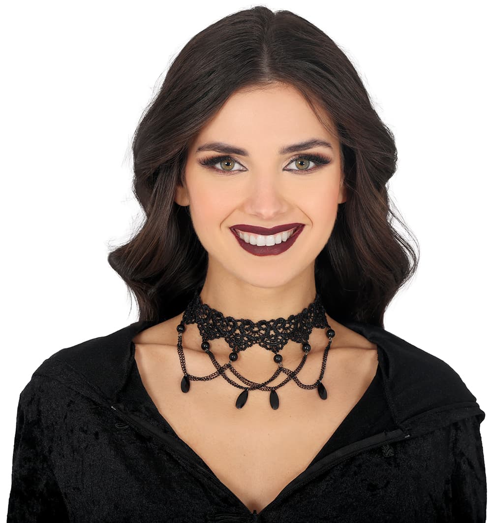 Sort broderet choker med perler, ca. 16,6 cm