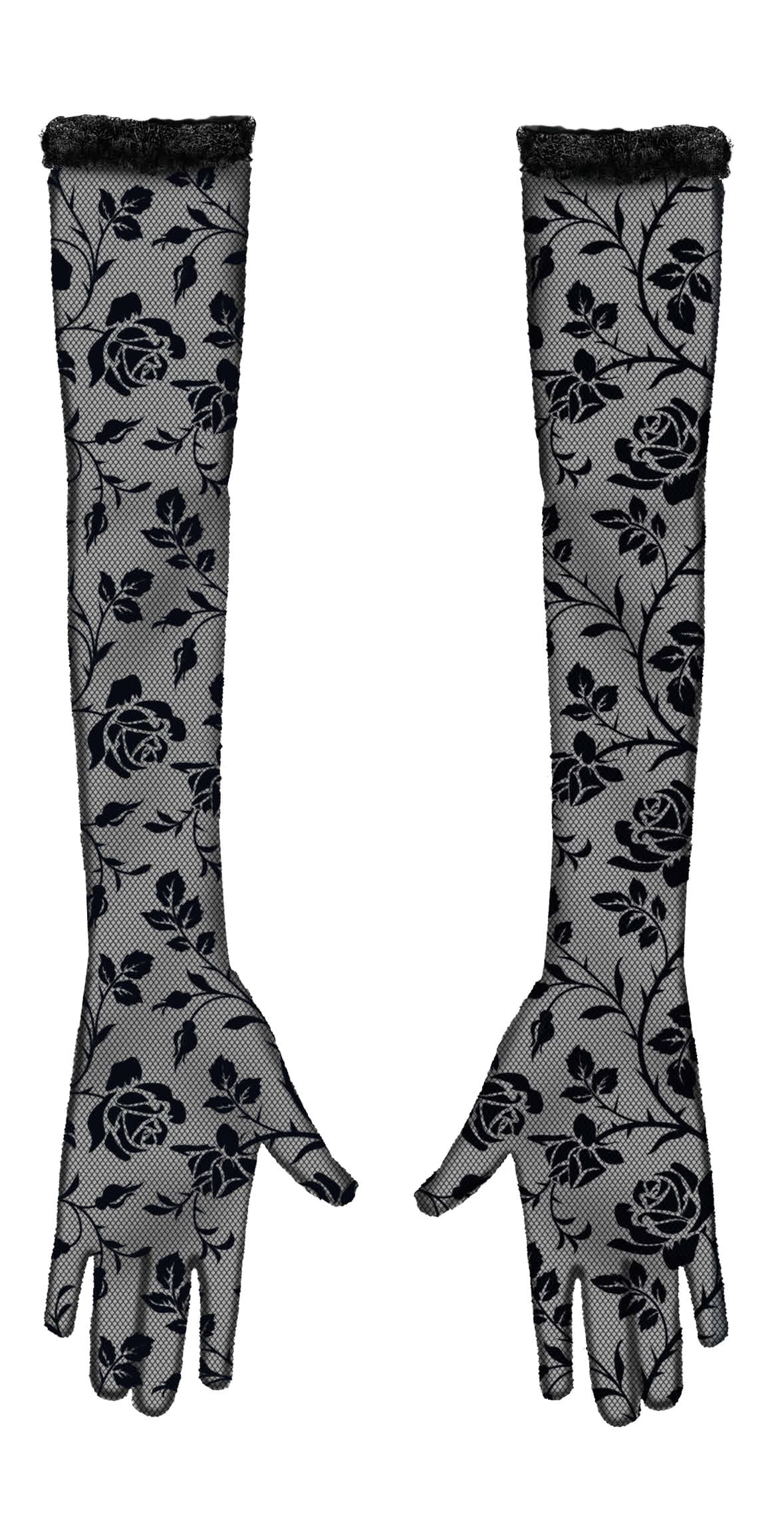 Sorte blondehandsker med blomster 38 cm
