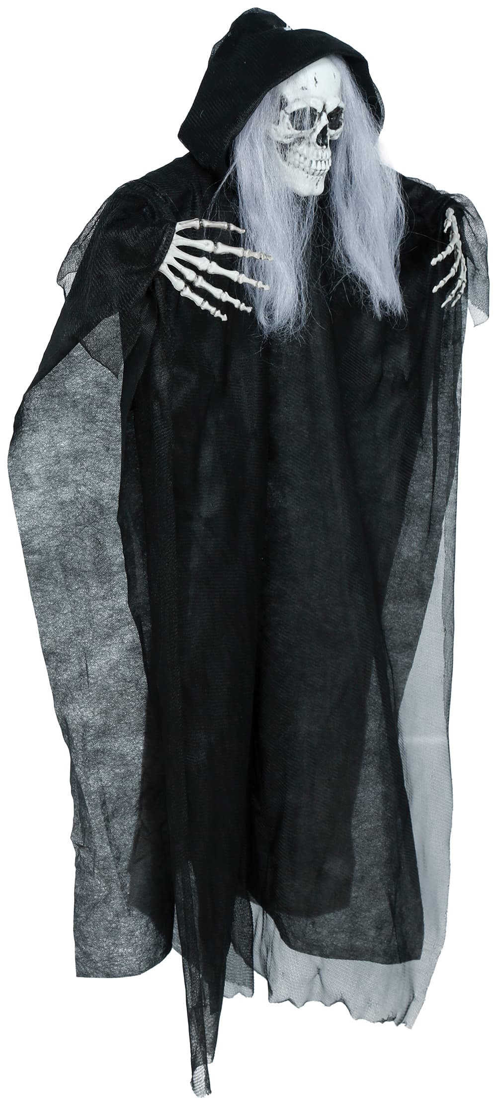 Hængende skeletdekoration med hår, lys, lyd og bevægelse, 90 cm