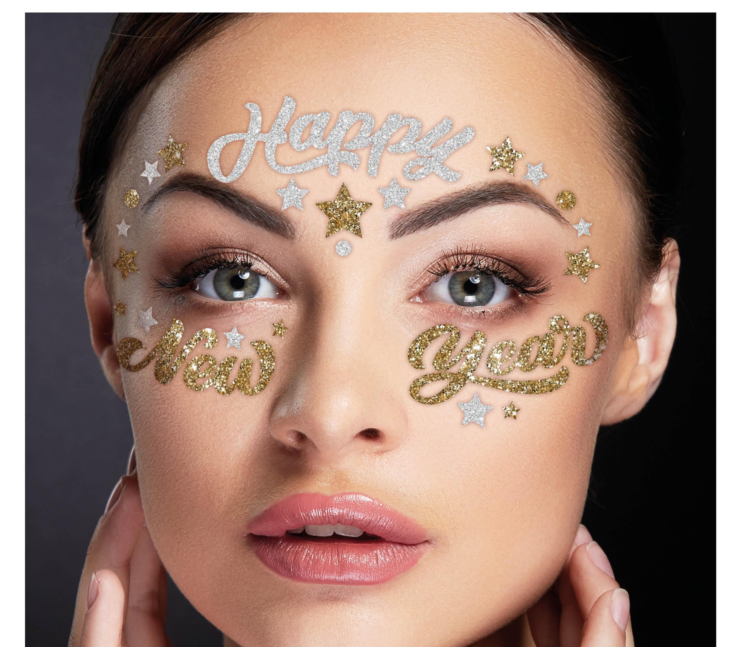 Selvklæbende ansigtssmykker "Happy New Year", 15 × 14 cm, guld og sølv