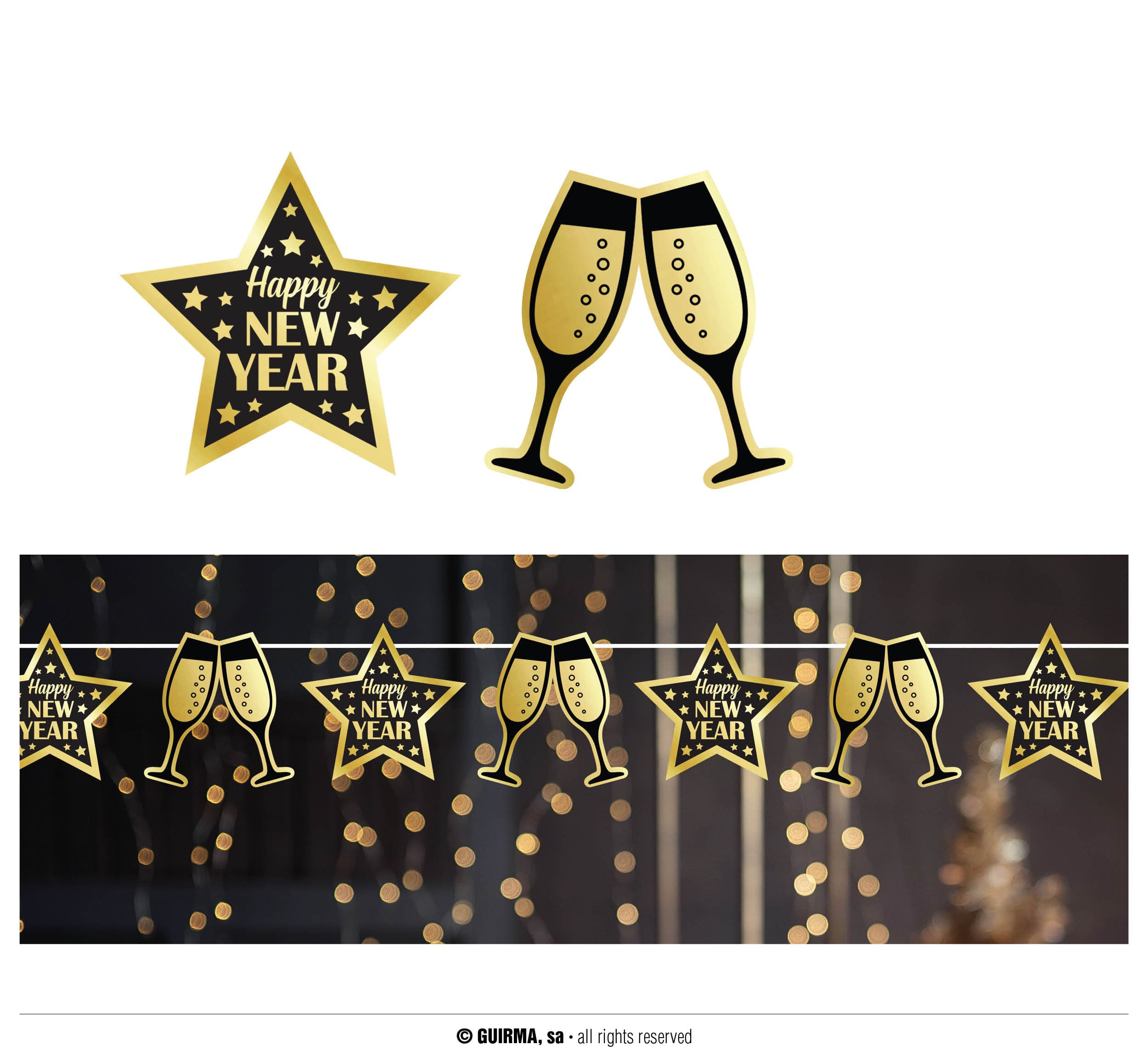 Guirlande "Happy New Year", 300 cm, 16 × 16 cm, sort og guld