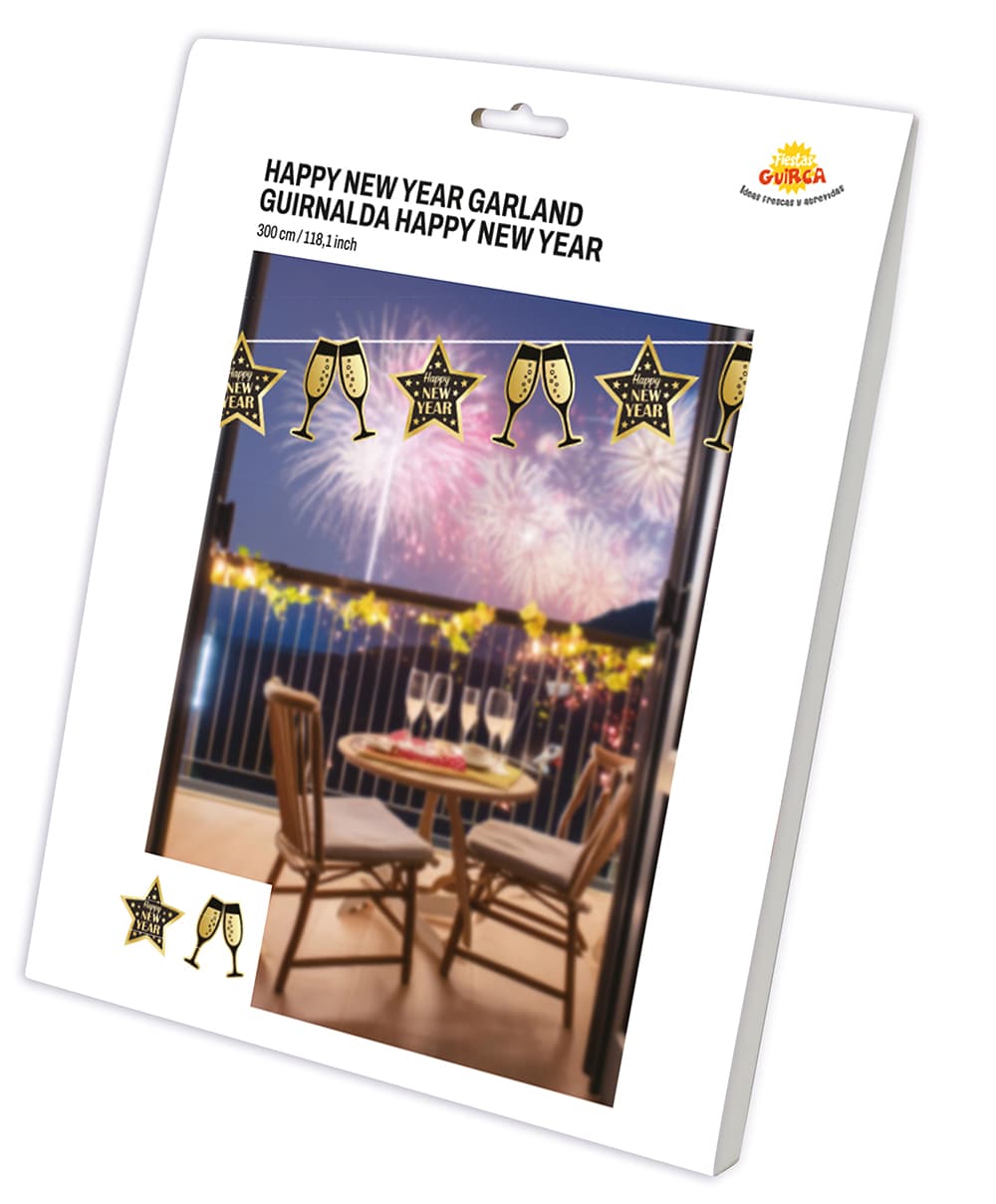 Guirlande "Happy New Year", 300 cm, 16 × 16 cm, sort og guld