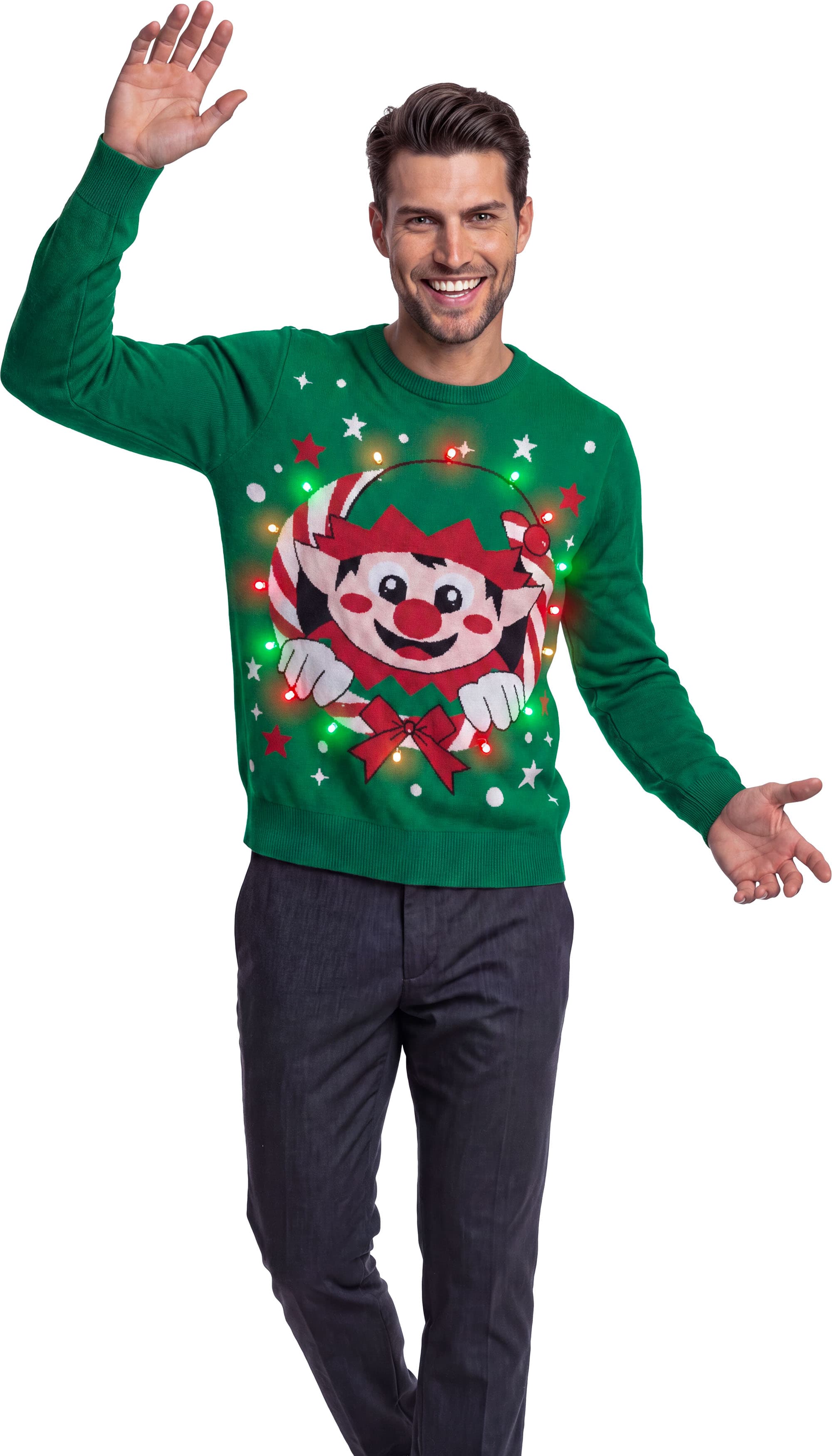 Sweater med nisse og 12 LED-lys til herrer