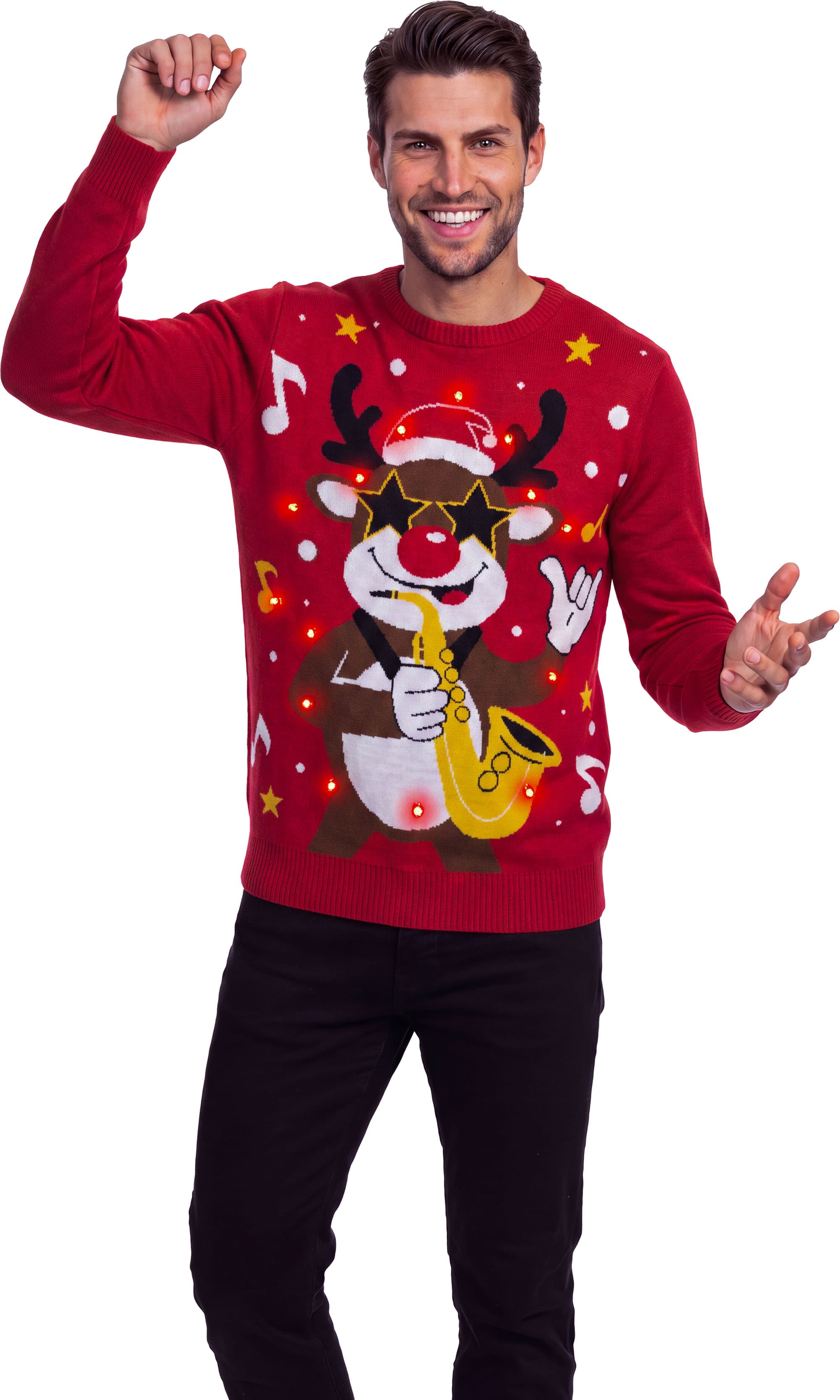 Sweater med sejt rensdyr og 12 LED-lys til herrer