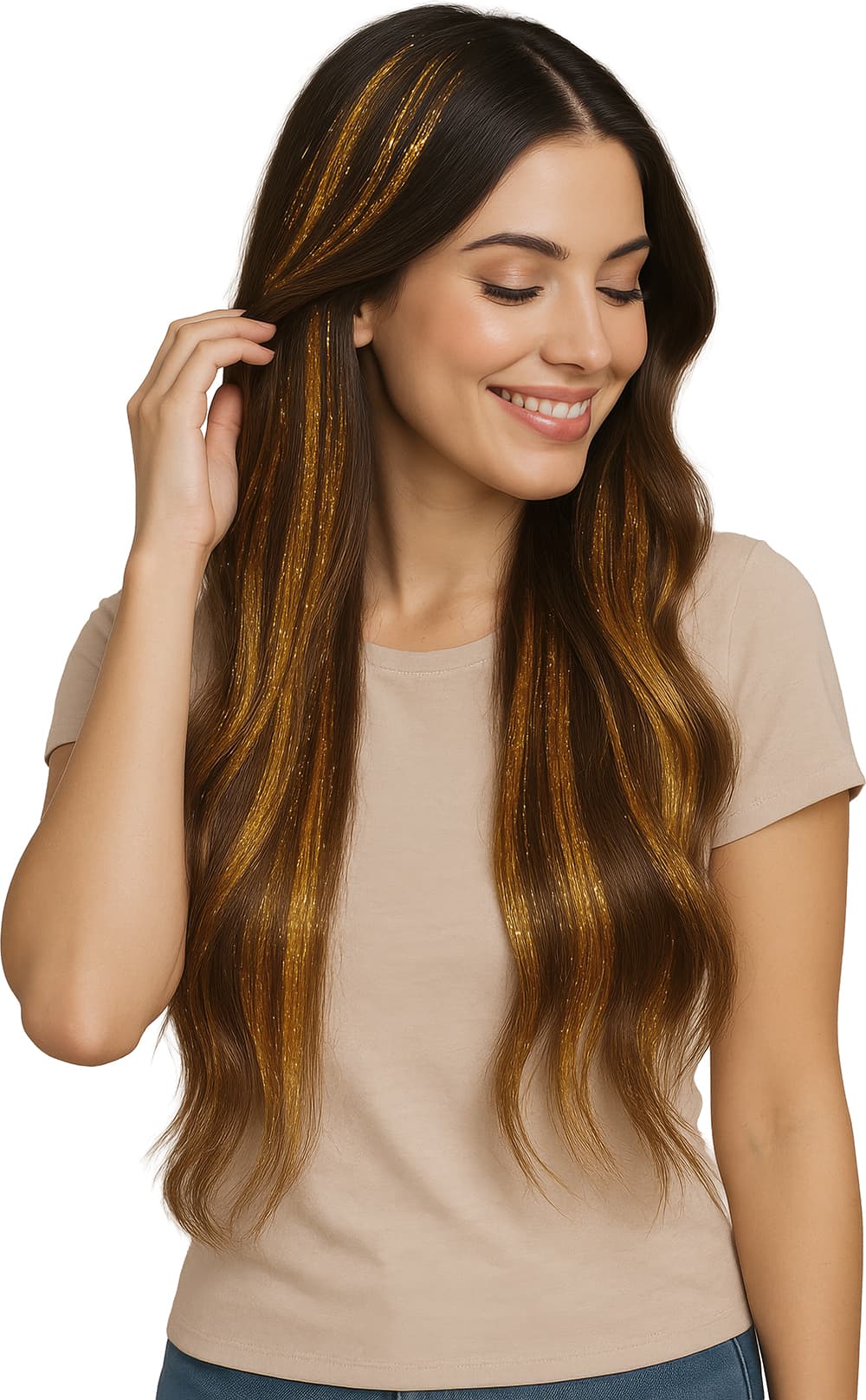 3 hår-extensions med glitter, 50 cm, guld
