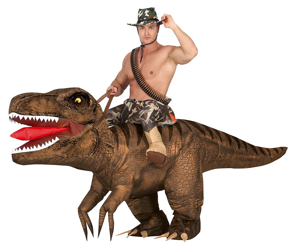 Oppusteligt kostume, rytter på dinosaur